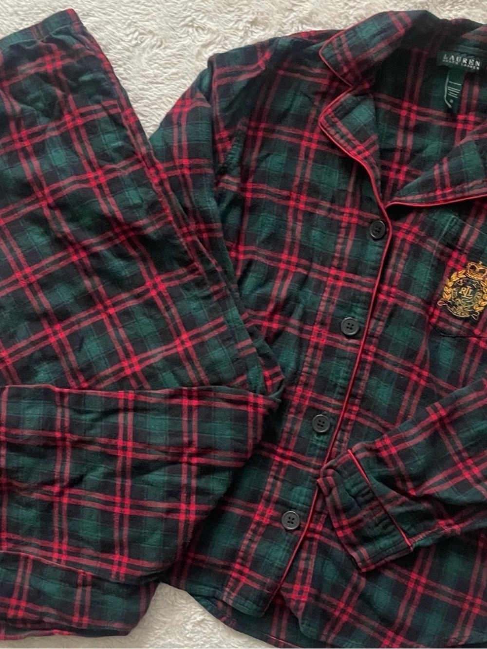 Lauren Ralph Lauren Green and Red Plaid Flannel Pajama Set